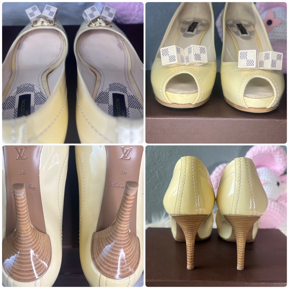 Louis Vuitton Cream Patent Leather and Damier Azur Peep Toe Heel Shoes Size EU36 - Picture 9 of 12